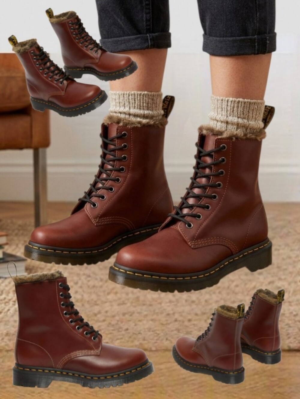 New 🤎 Dr. Martens Ladies 1460 Serena Red Brown Abruzzo Leather Faux Fur Boots